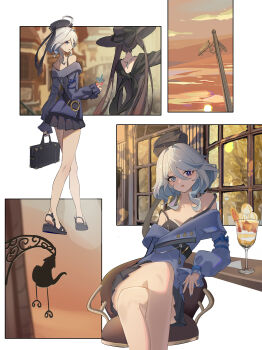 2girls absurdres black_dress blue_coat blue_eyes blue_jacket blue_nails coat dessert dress drop-shaped_pupils duplicate food furina_(genshin_impact) genshin_impact heterochromia highres hu_tao_(genshin_impact) ice_cream jacket mismatched_pupils multicolored_hair multiple_girls multiple_scoops open_mouth qixia skirt streaked_hair symbol-shaped_pupils white_hair