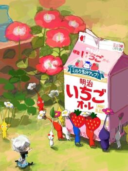 1boy ahoge artist_request bad_source black_footwear black_shirt black_sleeves blue_pikmin character_request clover copyright_request dress flower flying_sweatdrops from_behind looking_at_another milk_carton non-web_source off_shoulder outdoors outstretched_arms petunia_(flower) picking_up pikmin_(series) purple_pikmin red_flower red_pikmin running shirt shoes short_sleeves source_request strawberry_milk t-shirt teamwork tiny wave_print white_dress white_hair white_pikmin yellow_pikmin