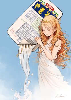 1girl absurdres blonde_hair blue_background closed_eyes closed_mouth curly_hair dress head_wreath highres keisuke1105 liquid long_hair original pouring solo white_dress