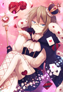 Rule 34 | 1boy, alternate costume, asaho, ascot, black cape, black gloves, black jacket, blue eyes, brown-framed eyewear, brown hair, cape, closed mouth, commentary request, crossed legs, crown, danganronpa: trigger happy havoc, danganronpa (series), double-parted bangs, dutch angle, feet out of frame, floating card, flower, frown, fur-trimmed cape, fur trim, gloves, hair between eyes, hand up, heart, heart print, highres, holding, holding scepter, jacket, long sleeves, looking at viewer, male focus, pants, pink background, red flower, red rose, rose, scepter, semi-rimless eyewear, short hair, simple background, sitting, solo, togami byakuya, v-shaped eyebrows, white ascot, white pants, white sleeves, wide sleeves