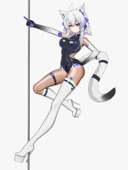 Rule 34 | 1girl, absurdres, ahoge, animal ear fluff, animal ears, blue eyes, bodysuit, boots, breasts, character request, commentary request, copyright request, elbow gloves, fridgephone, gloves, heterochromia, high heels, highres, impossible bodysuit, impossible clothes, large breasts, latex, latex bodysuit, long hair, looking at viewer, skin tight, solo, tail, thigh boots, white boots, white hair, yellow eyes