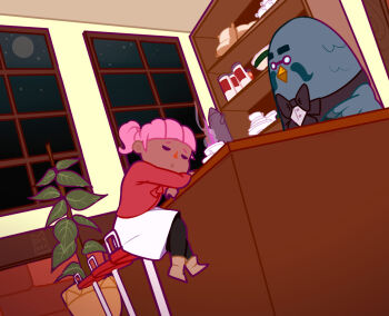 Rule 34 | animal crossing, bananahhhhh, black skin, brewster (animal crossing), cafe, coffee, colored skin, night, nintendo, pants, pink hair, ponytail, sky, sleeping, sleeping upright, tight clothes, tight pants, villager (animal crossing)