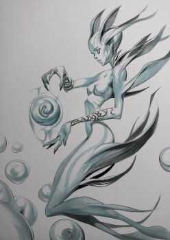 1girl arm_fins arm_tattoo breasts bubble completely_nude egg fins from_side full_body greyscale head_fins highres leg_fins magic mermaid monochrome monster_girl nude original puffy_nipples ribs shoulder_fins simple_background sketch skinny small_breasts solid_eyes solo swimming tattoo underwater viktortitov white_background