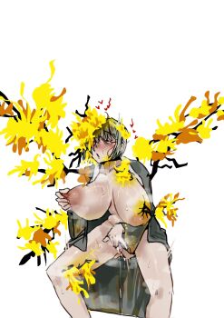 1girl absurdres anus branch breasts catnip_scent coat collarbone commentary dongbaek_(project_moon) e.g.o_(project_moon) female_masturbation fingering flower grey_coat heart highres large_breasts limbus_company masturbation nipple_stimulation nipple_tweak open_mouth project_moon pussy_juice rolling_eyes short_hair simple_background solo spicebush_(e.g.o) standing steaming_body sweat symbol-only_commentary tweaking_own_nipple uncensored white_background white_hair yellow_eyes yellow_flower