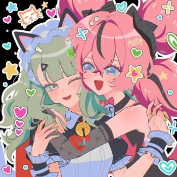 2girls animal_ear_hairband animal_ears aoionthehill aria_(discordant_note)_(zenless_zone_zero) aria_(zenless_zone_zero) bad_tag bare_shoulders bell black_background black_bridal_gauntlets black_choker black_dress black_hair black_streaks blue_eyes blush bridal_gauntlets cat_ear_hairband cat_ears choker commentary crossed_bangs dress fake_animal_ears frilled_sleeves frills green_eyes green_hair green_nails hair_between_eyes hair_ornament hairband heart highres hug_from_side looking_at_another maid maid_headdress multicolored_hair multiple_girls multiple_hair_clips neck_bell not_yuri official_alternate_costume one_eye_closed open_mouth pink_hair star_(symbol) streaked_hair sunna_(afternoon_tea_break)_(zenless_zone_zero) sunna_(zenless_zone_zero) triangle_hair_ornament zenless_zone_zero