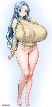 1girl absurdres aqua_hair artist_name barefoot blue_background blush bottomless breasts brown_sweater closed_mouth commentary commission english_commentary franarok full_body groin highres huge_breasts long_hair looking_at_viewer orange_eyes original smile solo sweater toes