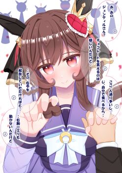 Rule 34 | !, 1boy, 6+girls, animal ears, black jacket, blush, bow, bowtie, braid, braided hair rings, breasts, brown hair, candy, chocolate, chocolate heart, closed mouth, collarbone, commentary request, ear covers, ear ornament, food, gentildonna (umamusume), hair between eyes, hair ornament, hair rings, heart, heart-shaped food, heart-shaped ornament, heart ear ornament, highres, holding hands, horse ears, horse girl, horse tail, incoming food, jacket, large breasts, long hair, long sleeves, looking at viewer, lpikamasi, multiple girls, pleated skirt, purple sailor collar, purple serafuku, purple shirt, purple skirt, red eyes, sailor collar, sailor shirt, school uniform, serafuku, shirt, skirt, smile, speech bubble, tail, tracen school uniform, translation request, umamusume, variant set, white bow, white bowtie, white shirt
