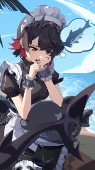 Rule 34 | 1girl, absurdres, beach, black dress, black hair, black pantyhose, blue sky, breasts, candy, cloud, colored inner hair, commentary, dress, eating, ellen joe, fins, fish tail, food, food in mouth, hammerhead shark, highres, holding, holding candy, holding food, holding lollipop, lollipop, looking at viewer, maid, maid headdress, mole, mole under eye, multicolored hair, official art, outdoors, pantyhose, puffy short sleeves, puffy sleeves, red eyes, red hair, red nails, scar, scar on tail, shark girl, shark tail, sharp teeth, short hair, short sleeves, sitting, sky, solo, tail, teeth, zenless zone zero