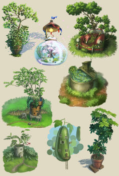 abandoned brown_background car collage commentary_request cucumber fish fishbowl flag grass highres house ladder lamp leaf motor_vehicle murakoyafactory no_humans original overgrown plant potted_plant simple_background tree treehouse