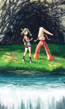 1girl bandana bare_arms bike_shorts black_legwear blaziken brown_hair cave commentary_request day flower gen_3_pokemon gloves grass green_bandana highres looking_back may_(pokemon) may_(pokemon_emerald) nintendo outdoors pokemon pokemon_(creature) pokemon_emerald pokemon_rse rowdon shoes socks standing water waterfall