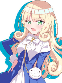 Rule 34 | 1girl, bag, blonde hair, blue dress, bow, breasts, commentary request, cross, curly hair, dress, frown, green eyes, hand on own hip, handbag, highres, jashin-chan dropkick, long hair, long sleeves, looking at viewer, medium breasts, mumyou ishi, open mouth, poporon (jashin-chan dropkick), solo, standing, white background, white bow, wrist cuffs