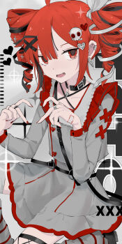 1girl absurdres adapted_costume ahoge asymmetrical_legwear bandaid bandaid_on_hand belt collar diffraction_spikes drill_hair earclip earrings fang feet_out_of_frame flat_chest grey_shirt grey_skirt hair_ornament hair_ribbon hands_up heart heart_hair_ornament heart_hands highres jewelry kasane_teto kasane_teto_(sv) kneeling looking_at_viewer medium_hair mismatched_legwear mizhou_(mzhu112646) multicolored_hair open_mouth red_eyes red_hair red_nails ribbon ring shirt sidelocks skirt skull_hair_ornament smile solo streaked_hair synthesizer_v twin_drills utau x_hair_ornament