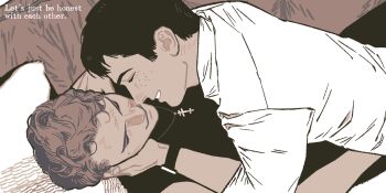 2boys black_hair black_shirt brown_hair closed_eyes collared_shirt curly_hair english_text freckles hand_on_another's_face hashtag-only_commentary heated_rivalry highres ilya_rozanov jewelry lying male_focus multiple_boys necklace on_back shane_hollander shirt short_sleeves smile unknownsalinity white_shirt yaoi