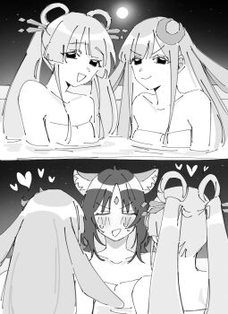 3girls animal_ears astralxyzx blush cho_kaguya-hime! commentary_request covering_privates fox_ears hair_ornament hair_rings hair_stick highres kaguya_(cho_kaguya-hime!) long_hair multiple_girls naked_towel nude_cover onsen open_mouth partially_submerged runami_yachiyo sakayori_iroha same-sex_bathing shared_bathing smile towel twintails white_hair yuri