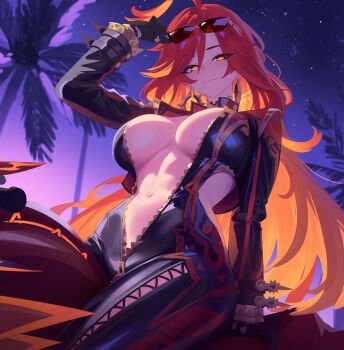 Rule 34 | 1girl, a thousand blazing suns (genshin impact), absurdres, anonds31, biker clothes, bikesuit, black bodysuit, black gloves, black jacket, bodysuit, breasts, cleavage, commentary, cropped jacket, detached collar, duplicate, earrings, eyewear on head, flamestrider (genshin impact), genshin impact, gloves, gold trim, highres, jacket, jewelry, large breasts, long hair, long sleeves, looking at viewer, mavuika (genshin impact), motor vehicle, motorcycle, navel, night, on motorcycle, orange eyes, orange hair, orange pupils, pixel-perfect duplicate, red eyes, red hair, sky, smile, solo, sun earrings, sunglasses, symbol-shaped pupils, symbol in eye, thighs