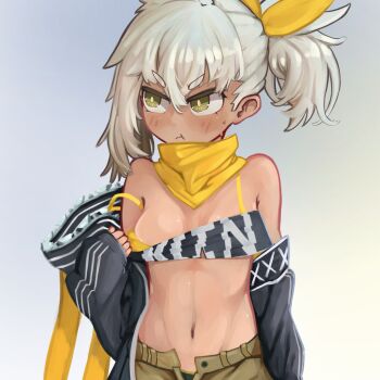 1girl :t absurdres animal_hood bandana bandeau bandeau_pull black_bandeau black_jacket black_sleeves blush breasts brown_shorts clothes_pull commentary dark-skinned_female dark_skin detached_sleeves english_commentary facing_viewer girls&#039;_frontline green_eyes grey_background grey_hair highres hood jacket klin_(girls&#039;_frontline) looking_away mrbongson navel off_shoulder open_clothes open_shorts ponytail pout pulling_own_clothes rabbit_hood ribbon shorts simple_background sleeveless sleeveless_jacket small_breasts solo sweatdrop v-shaped_eyebrows yellow_bandana yellow_ribbon