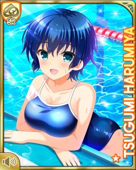 1girl :d aqua_eyes barefoot blue_hair blue_one-piece_swimsuit breasts card_(medium) character_name competition_swimsuit day floating girlfriend_(kari) green_eyes harumiya_tsugumi official_art one-piece_swimsuit open_mouth outdoors pool poolside qp:flapper short_hair smile swimsuit tagme teeth tomboy water