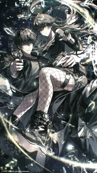 Rule 34 | 1boy, 1girl, absurdres, aiming, aiming at viewer, black hair, black jacket, black nails, black shirt, black shoes, breasts, chain, closed mouth, commentary, commission, copyright notice, crop top, fishnet pantyhose, fishnets, floating hair, gun, hair between eyes, handgun, highres, holding, holding gun, holding weapon, jacket, long hair, looking at viewer, medium breasts, nail polish, original, pantyhose, parted lips, revolver, shirt, shoes, single off shoulder, smile, weapon, yuhaw0v0