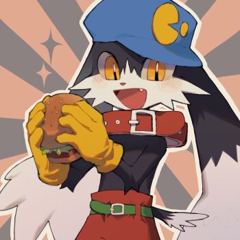 1boy :d animal_collar animal_nose belt blue_hat blush body_fur burger cabbit collar commentary droopy_ears food furry furry_male gloves green_belt grey_outline happy hat highres holding holding_burger holding_food kaze_no_klonoa klonoa male_focus multicolored_fur open_mouth outline pants red_collar red_pants resistor05 slit_pupils smile solo sparkle upper_body yellow_eyes yellow_gloves