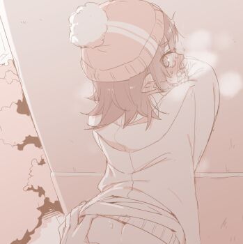 1girl akari_(raigou) beanie black_hair blush bush ear_blush elf grabbing_another's_ass groping hat implied_sex original outdoors pointy_ears pom_pom_(clothes) pom_pom_beanie raigou sepia
