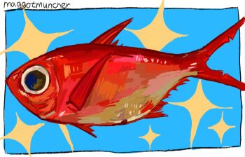 Rule 34 | animal focus, blue background, border, fish, from side, full body, goldfish, highres, maggotmuncher0, no humans, original, painterly, simple background, sparkle, white border, wide-eyed