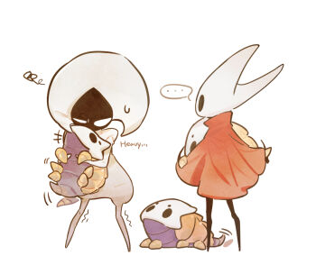 ... animal arthropod_girl beastling_(hollow_knight) biting black_eyes black_skin blank_eyes bodysuit chewing cloak colored_skin from_behind full_body hat holding holding_animal hollow_eyes hollow_knight hollow_knight:_silksong horned_mask hornet_(hollow_knight) lace_(hollow_knight) looking_at_another looking_up mask no_humans puffy_sleeves red_cloak spoken_ellipsis standing white_bodysuit white_eyes white_hat white_mask wraith615