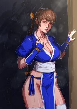 1girl absurdres braid brown_hair commentary_request dead_or_alive fundoshi hentaix highres japanese_clothes kasumi_(doa) looking_at_viewer ninja orange_eyes outdoors partial_commentary ponytail rain solo solo_focus sweat sweatdrop thighhighs vambraces wet