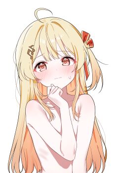 1girl absurdres ahoge blonde_hair blush closed_mouth collarbone commentary_request flat_chest fortissimo hair_ornament hair_ribbon highres hololive hololive_dev_is loli long_hair looking_at_viewer musical_note musical_note_hair_ornament nude otonose_kanade pink_eyes red_ribbon ribbon saho_4545 simple_background solo virtual_youtuber white_background