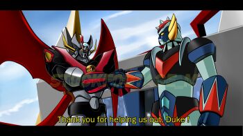 1970s_(style) absurdres grendizer highres horns mazinger_(series) mazinkaiser mazinkaiser_(robot) mecha mecha_focus mechanical_wings no_humans oldschool pilder retro_artstyle robot science_fiction spread_wings stock_m super_robot ufo_robo_grendizer wings yellow_eyes