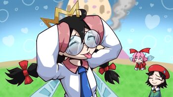 Rule 34 | 3girls, adeleine, ah eto... bleh (meme), beret, black hair, braid, crown, fairy, fairy wings, freckles, glasses, hair ribbon, hat, heart, highres, kirby (series), kirby 64, low twin braids, meme, multiple girls, nintendo, pink hair, rayshadow, red hat, red ribbon, ribbon, ribbon (kirby), ripple star queen, sleeves past fingers, sleeves past wrists, smile, smoke, sweatdrop, twin braids, wings