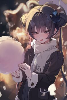 1girl absurdres alternate_costume black_coat black_hair blue_archive butterfly_hair_ornament coat commentary cotton_candy double_bun food grey_eyes grey_halo hair_bun hair_ornament halo highres holding holding_cotton_candy holding_food kisaki_(blue_archive) long_hair open_mouth outdoors scarf snow snowing solo symbol-only_commentary twintails white_scarf winter_clothes winter_coat ximgyeon