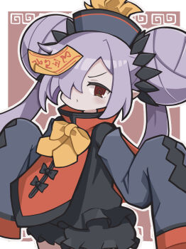 1girl bow chinese_clothes colored_skin death_princess_(disgaea) disgaea double_bun grey_skin hair_bun highres jiangshi jiangshi_costume long_hair makai_senki_disgaea_7 suaman twintails yellow_bow zombie