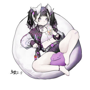 1girl absurdres alver artist_name bandaid bandaid_on_knee bandaid_on_leg barefoot belt black_hair breasts cellphone choker crop_top cushion dated decoden ditto drink expressionless flip_phone full_body gen_1_pokemon highres jacket letterman_jacket looking_at_viewer navel nintendo open_clothes open_jacket original pale_skin phone pokemon pokemon_(creature) purple_eyes rhinestone short_shorts shorts small_breasts solo twintails