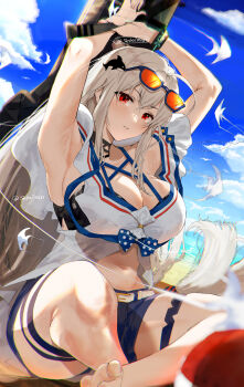 1girl arknights armpits artist_name beach breasts cevoy cleavage eyewear_on_head grey_hair hair_between_eyes hair_ornament highres large_breasts long_hair red_eyes sideboob skadi_(arknights) skadi_(waverider)_(arknights) solo swimsuit thigh_strap