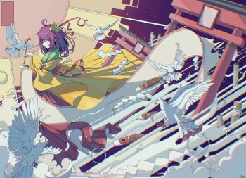 absurdres bird chinese_commentary closed_eyes clothing_request cloud detached_sleeves flower_ornament green_vest hair_ornament hairclip hakama hakama_skirt hieda_no_akyuu highres holding holding_pen holding_scroll japanese_clothes jewelry koinobori lolita_fashion long_skirt long_sleeves medium_hair meteor_shower multiple_torii night open_mouth pen pigeon purple_hair red_ribbon red_skirt ribbon ring scroll skirt sleeve_ribbon star_(sky) torii touhou tseum vest wa_lolita windsock yellow_ribbon yellow_sleeves