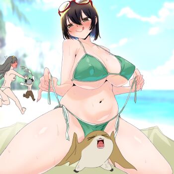 1boy 1other 2girls aegiomon alternate_breast_size_(larger) bare_shoulders beach bikini black_hair breasts digimon digimon_(creature) digimon_story:_time_stranger embarrassed gerusyu goggles goggles_on_head grey_hair highres injury large_breasts long_hair looking_at_viewer misono_inori multiple_girls naughty_face navel nude outdoors pain patamon running sharp_teeth short_hair side-tie_bikini_bottom simple_background sitting sitting_on_person sweat swimsuit tears teeth thong thong_bikini topless_female vest yuuki_kanan