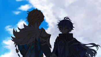 Rule 34 | 2boys, antenna hair, blonde hair, blue sky, capelet, cloud, coat, commentary request, crossed bangs, dark, day, facial scar, flins (genshin impact), genshin impact, hair between eyes, highres, long hair, male focus, multiple boys, nana668, outdoors, scar, scar on cheek, scar on face, sky, upper body, varka (genshin impact), yellow eyes