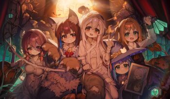 &gt;_&lt; +_+ 6+girls absurdres ahoge animal_ear_fluff animal_ears animal_hands ap04astral bandages bat_(animal) bell black_hair blue_hair breasts brown_eyes brown_hair c: closed_eyes cosplay fang gloves green_eyes grin hair_ornament halloween halloween_costume hat hat_belt highres holding holding_scissors holding_tablet_pc hozuki_kaede hozuki_momiji jack-o&#039;-lantern large_breasts long_hair long_sleeves looking_at_viewer moon moonlight multiple_girls murosaki_miyo navel neck_bell nurse oka_asahi onii-chan_wa_oshimai! open_mouth oyama_mahiro oyama_mihari paw_gloves pink_hair pumpkin red_eyes scissors short_hair siblings sisters skin_fang smile stitched_face stitches tablet_pc tenkawa_nayuta w white_hair witch_hat