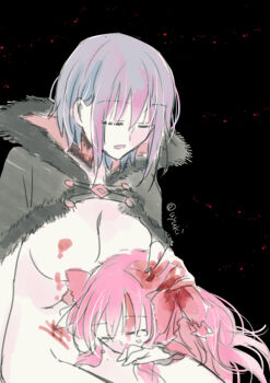 Rule 34 | 2girls, black background, black cape, blood, blood on face, blood on hands, blood splatter, blue hair, bow, breasts, cape, ciel (tsukihime), cloak, commentary request, convenient censoring, crying, dead apostle noel (tsukihime), hand on another's head, hand on another's thigh, high collar, huge breasts, long hair, michael roa valdamjong, multiple girls, naked cape, naked cloak, noel (tsukihime), pink bow, pink hair, possessed, roa-ciel, short hair, sidelocks, sketch, tears, tsukihime, tsukihime (remake), two side up, uyuki (ouun), vampire