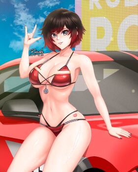 1girl bikini black_hair blue_sky breasts car cloud cowboy_shot gradient_hair green_eyes imrinzlergtz_art large_breasts m/ motor_vehicle multicolored_hair nail_polish parted_lips race_queen red_bikini red_hair red_nails ruby_rose rwby sky solo swimsuit