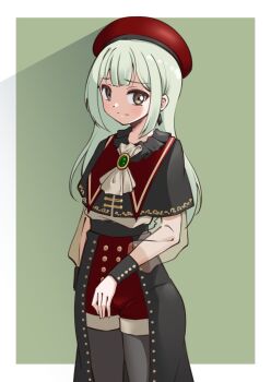 1girl ascot bang_dream! bang_dream!_it's_mygo!!!!! beret black_capelet black_pantyhose border brown_eyes capelet center-flap_bangs commentary cowboy_shot double-parted_bangs frilled_shirt_collar frills green_background green_hair grey_ascot grey_shirt hat high-waist_shorts highres jiwon_(sj1) long_hair looking_at_viewer outside_border pantyhose red_hat red_shorts see-through_clothes see-through_sleeves shadow shirt shorts sidelocks simple_background solo standing wakaba_mutsumi white_border