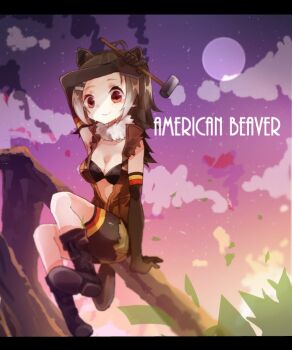 1girl american_beaver_(kemono_friends) animal_ears beaver_ears beaver_girl black_boots black_gloves black_shorts boots breasts brown_hair brown_shirt cleavage closed_mouth commentary_request elbow_gloves full_body gloves hammer holding holding_hammer kemono_friends letterboxed looking_at_viewer medium_breasts open_clothes open_shirt purple_sky red_eyes shinjitsu_no_kuchi shirt shorts sitting sky sleeveless sleeveless_shirt smile solo star_(sky) starry_sky