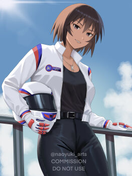 1girl absurdres azumanga_daiou belt black_belt black_bodysuit bodysuit brown_eyes brown_hair cloud cloudy_sky commentary day english_commentary fence gloves helmet highres holding holding_unworn_helmet jacket jewelry kagura_(azumanga_daioh) leaning_back looking_at_viewer naoyuki_arts necklace open_clothes open_jacket outdoors racing_suit short_hair sky solo standing unworn_headwear unworn_helmet white_jacket
