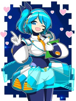 1girl ;d ailerockman android aqua_eyes aqua_hair black_bodysuit bodysuit cowboy_shot earpiece hashtag-only_commentary heart highres index_finger_raised looking_at_viewer mega_man_(series) mega_man_x_(series) mega_man_x_dive one_eye_closed open_mouth rico_(mega_man) short_hair short_side_ponytail shorts side_ponytail smile solo white_shorts