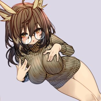 1girl arknights breasts brown_hair commentary_request dutch_angle film_grain glasses highres kochiya_(gothope) long_hair looking_at_viewer medium_breasts orange_eyes owl_ears owl_girl purple_background ribbed_sweater semi-rimless_eyewear silence_(arknights) simple_background solo sweater under-rim_eyewear