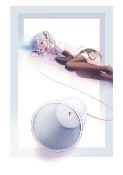 1girl absurdres aqua_eyes aqua_hair aqua_nails aqua_necktie aqua_trim bare_shoulders black_boots black_skirt black_sleeves boots collared_shirt cup detached_sleeves feet_out_of_frame hatsune_miku highres krw_iu000 long_hair lying nail_polish necktie number_tattoo on_side open_mouth pleated_skirt shirt shoulder_tattoo skirt sleeveless sleeveless_shirt smile solo tattoo thigh_boots thighhighs twintails vocaloid white_shirt zettai_ryouiki