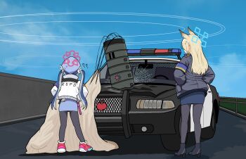 2girls ? ?? animal_ear_fluff animal_ears armband black_leggings black_pantyhose blonde_hair blue_archive blue_armband blue_boots blue_hair blue_halo blue_jacket blue_sky blue_vest bomb boots bow car clothes_writing cloud cocktiel77 commentary contrail crack cracked_glass day dog_ears dog_girl english_commentary explosive extra_ears ford_crown_victoria ford_crown_victoria_(2nd_generation) from_behind fubuki_(blue_archive) full_body grey_hair hair_bow hair_ornament halo hands_in_pockets hands_on_own_hips hat high_heel_boots high_heels highres jacket kanna_(blue_archive) leggings long_hair long_sleeves motor_vehicle multicolored_hair multiple_girls notched_ear outdoors pantyhose parachute pencil_skirt police police_car police_hat police_siren police_uniform policewoman purple_armband red_dawn red_winter_federal_academy_logo shadow shoes skirt sky sneakers standing streaked_hair sweatdrop twintails vest walkie-talkie weapon_request white_bow white_jacket wire