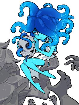 1girl alternate_costume barefoot blue_skin colored_skin discount-supervillain highres holding holding_skull jasper_(steven_universe) lapis_lazuli_(steven_universe) looking_at_viewer simple_background sitting skull snake snake_hair solo statue steven_universe teeth