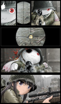 1girl aiming akemi_homura backpack bag black_eyes black_hair blood blood_splatter bolt_action border brick_wall broken_glass combat_helmet comic commentary crosshair death debris dirty dirty_face firing glass gun helmet highres kyubey long_hair m1903_springfield m1_helmet mahou_shoujo_madoka_magica mahou_shoujo_madoka_magica_(anime) mauser_98 military military_uniform parody pink_hair rain red_eyes rifle saving_private_ryan serious shingyouji_tatsuya sniper sniper_rifle soldier stahlhelm surprised wagon wall war water_drop weapon world_war_ii