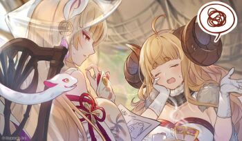 2girls ahoge anila_(granblue_fantasy) bare_shoulders blonde_hair blunt_bangs breasts bridal_gauntlets chair cleavage cup draph gloves granblue_fantasy head_rest hikimayu holding holding_cup horns indala_(granblue_fantasy) multiple_girls official_art sheep_girl sheep_horns shiro_(granblue_fantasy) spoken_squiggle squiggle upper_body white_gloves yellow_eyes